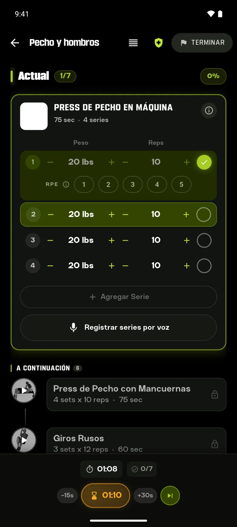 StriveUp mostrando el entrenamiento, la nutrición y el progreso del día